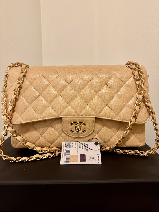 CHANEL Handbags - CHANEL JUMBO Beige Quilted Flap Shoulder Bag with Gold Chain